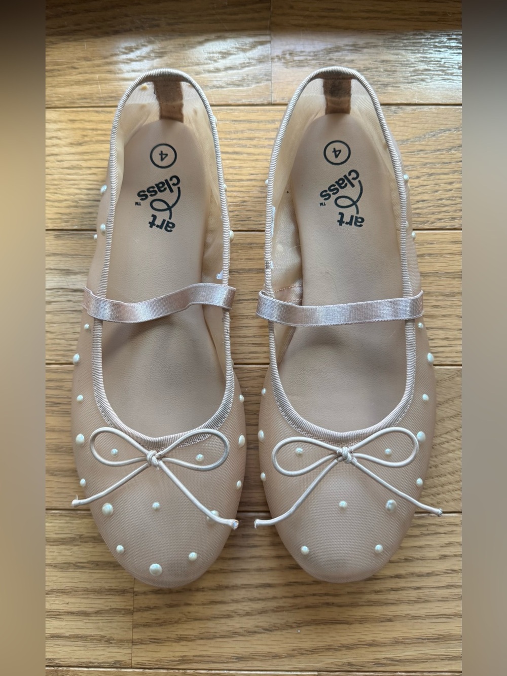 art class Blush Nude Pearl-Embellished Kids Flats, Size 4